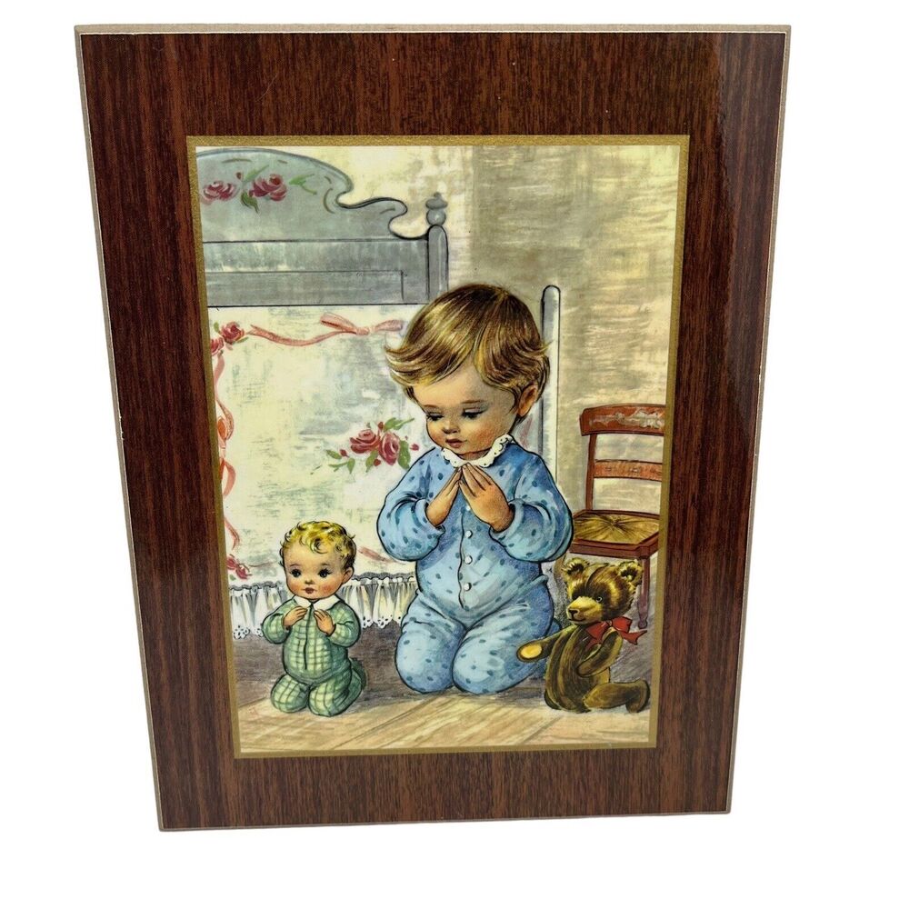 Baby Praying Print Retro Teddy Bear Vintage Bonella Milano Italy Print on Wood